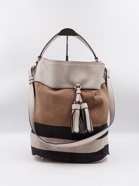 Neutral Canvas & Leather Tassel Bucket Bag - Cream and Brown